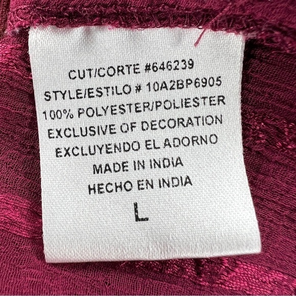 Large MNK Burgundy Red Sheer Blouse Beaded Accent Cap Sleeve Boat Neck - Picture 6 of 9